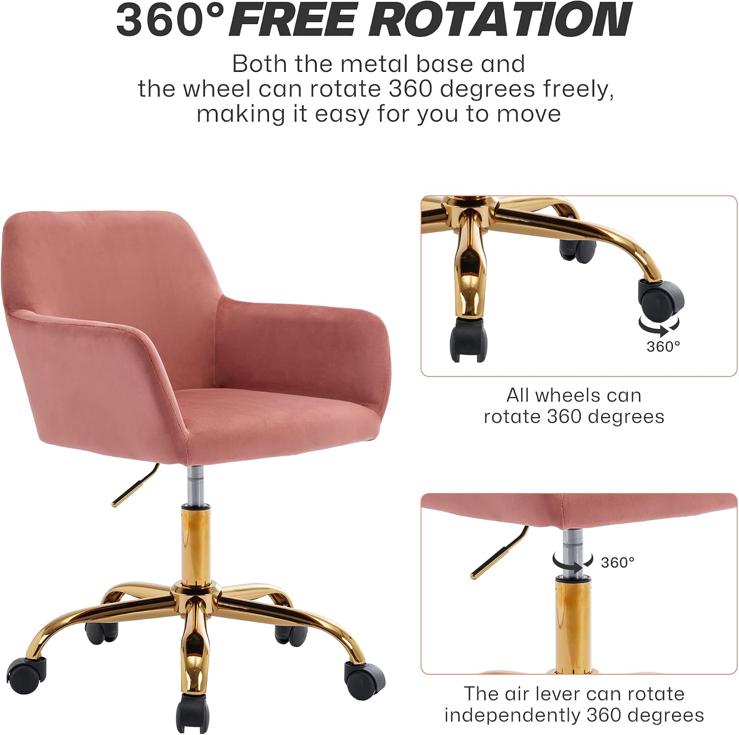 KCC Velvet Office Desk Chair, Comfy Swivel Modern Leisure Armchair with Wheels, Upholstered Comfy Velvet Fabric Makeup Chair Height Adjustable for Teens Women Girls Elegant Home Office, Rose