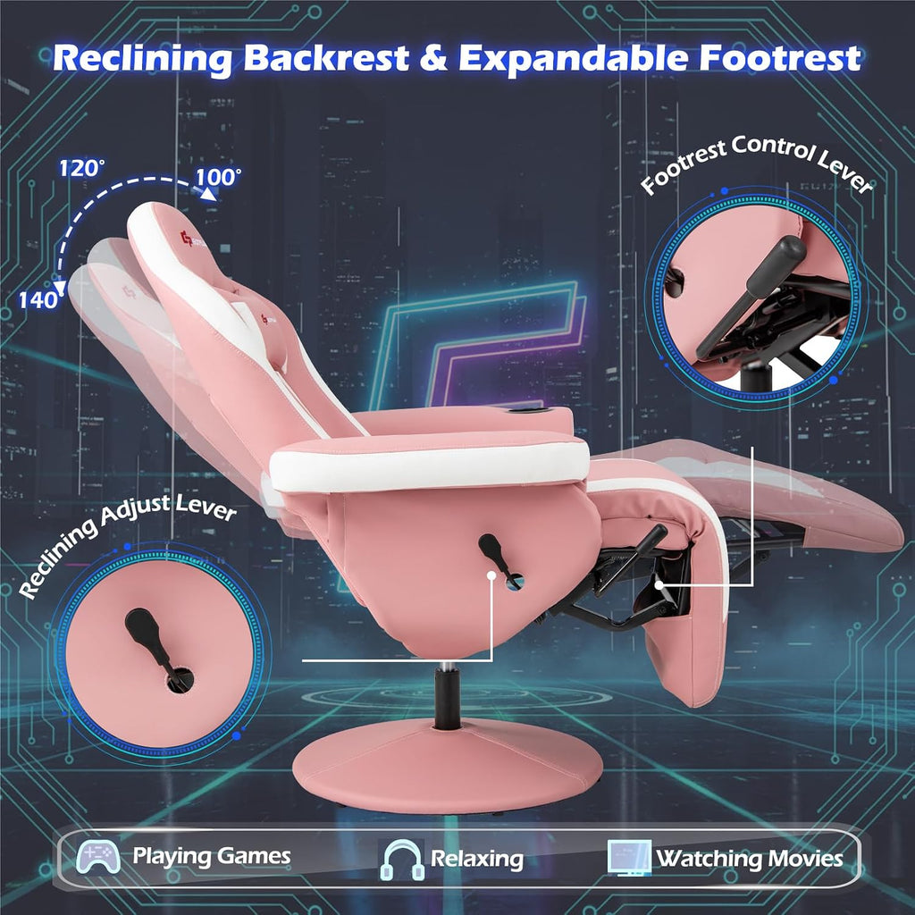 POWERSTONE Gaming Recliner, Adjustable Massage Gaming Chair with Cup Holder Footrest Ergonomic Single Sofa Living Room Home Theater Seating with Side Pouch (Pink)