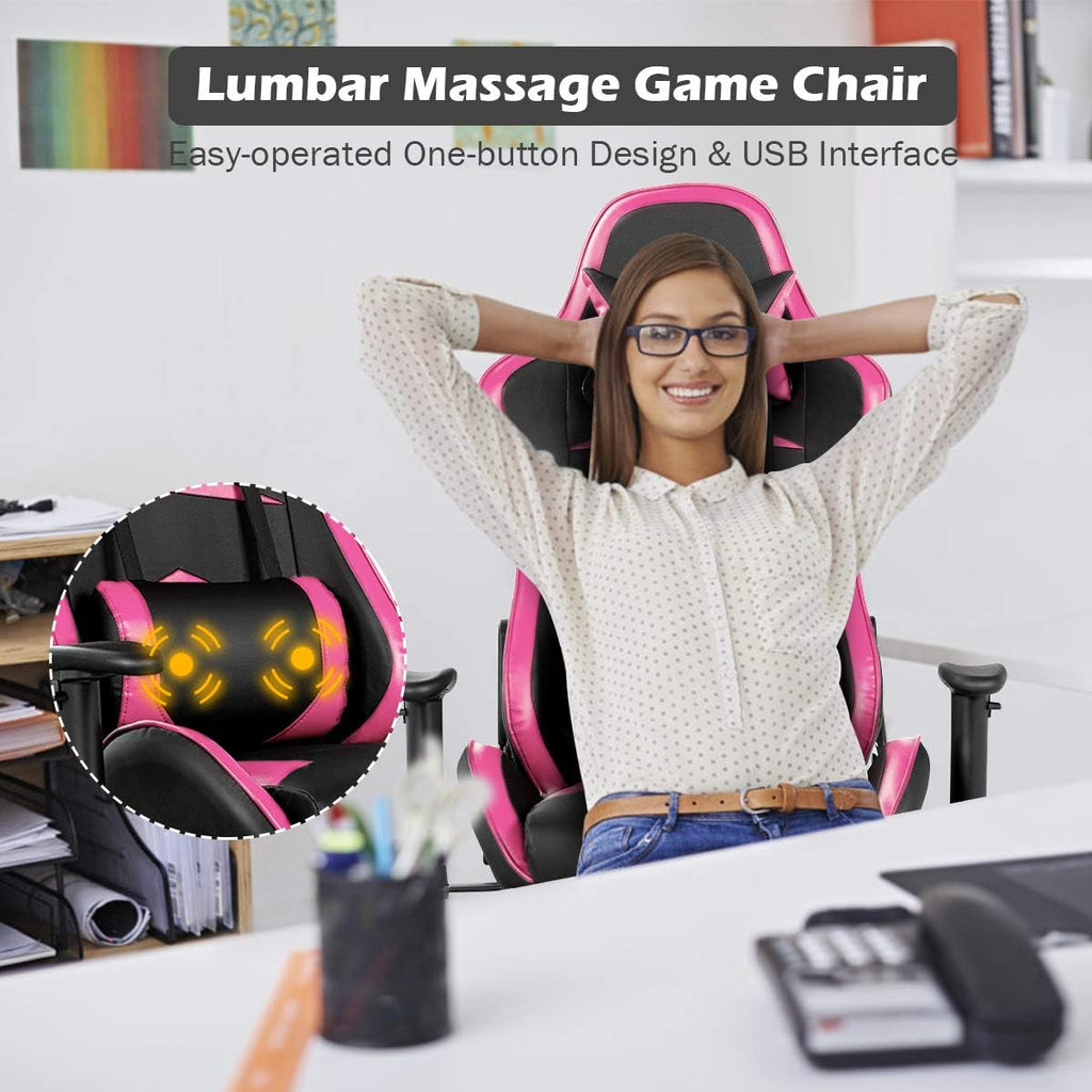 Goplus Massage Gaming Chair, Reclining Backrest, Handrails and Seat Height Adjustment Racing Computer Office Chair, High Back Ergonomic PU Leather Swivel PC Game Chair with Footrest