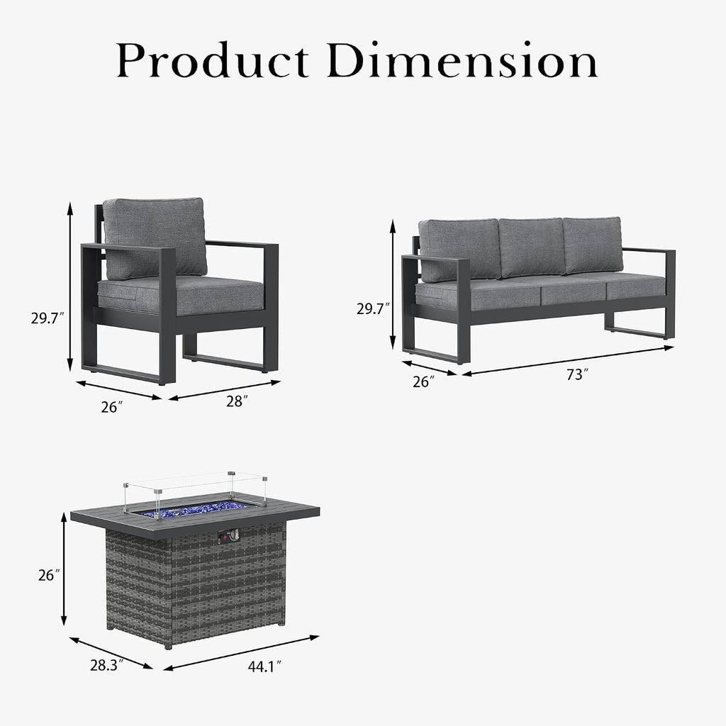 LayinSun 4 Pieces Aluminum Outdoor Patio Furniture Set, Metal Modern Conversation Sofa Set with Fire Pit Table and Washable Thick Cushions for Porch, Backyard, Deck