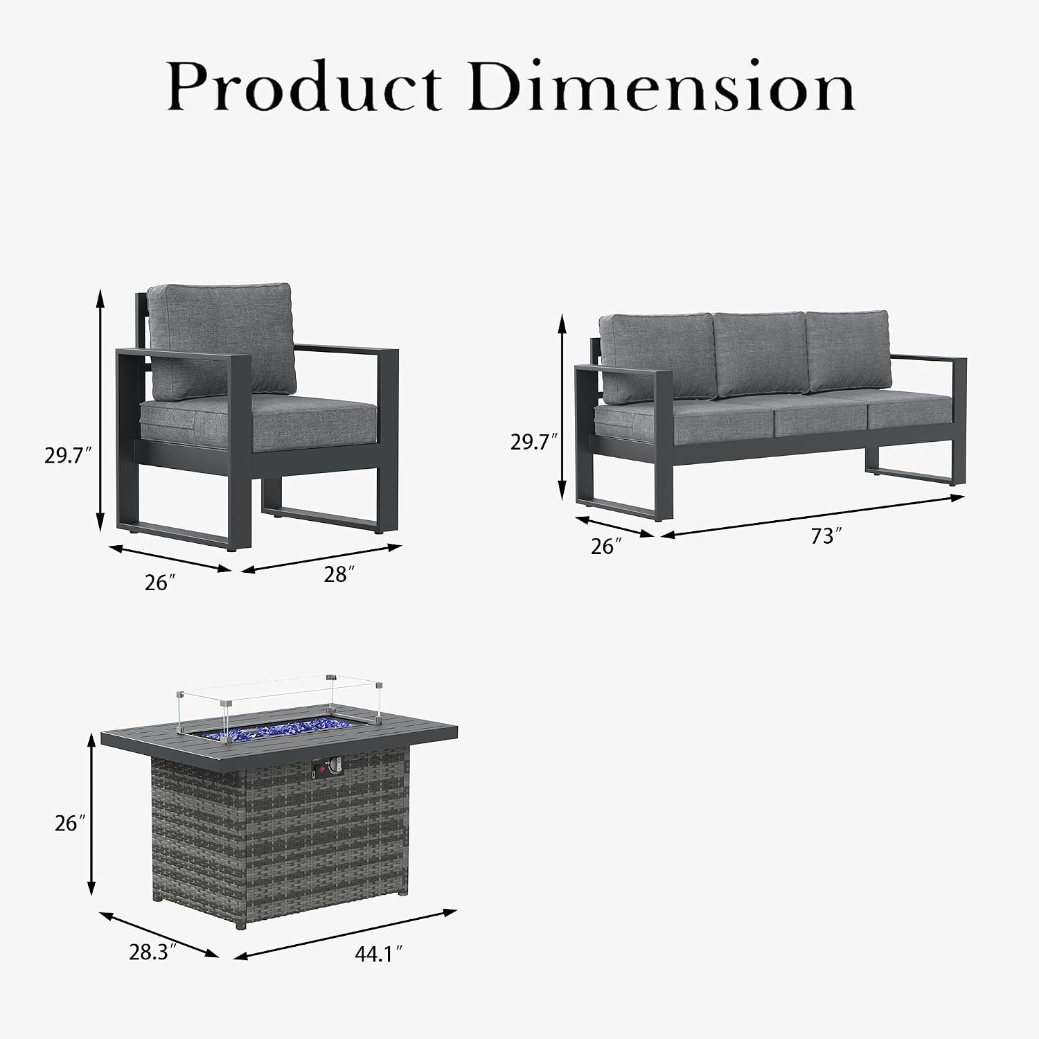 LayinSun 4 Pieces Aluminum Outdoor Patio Furniture Set, Metal Modern Conversation Sofa Set with Fire Pit Table and Washable Thick Cushions for Porch, Backyard, Deck