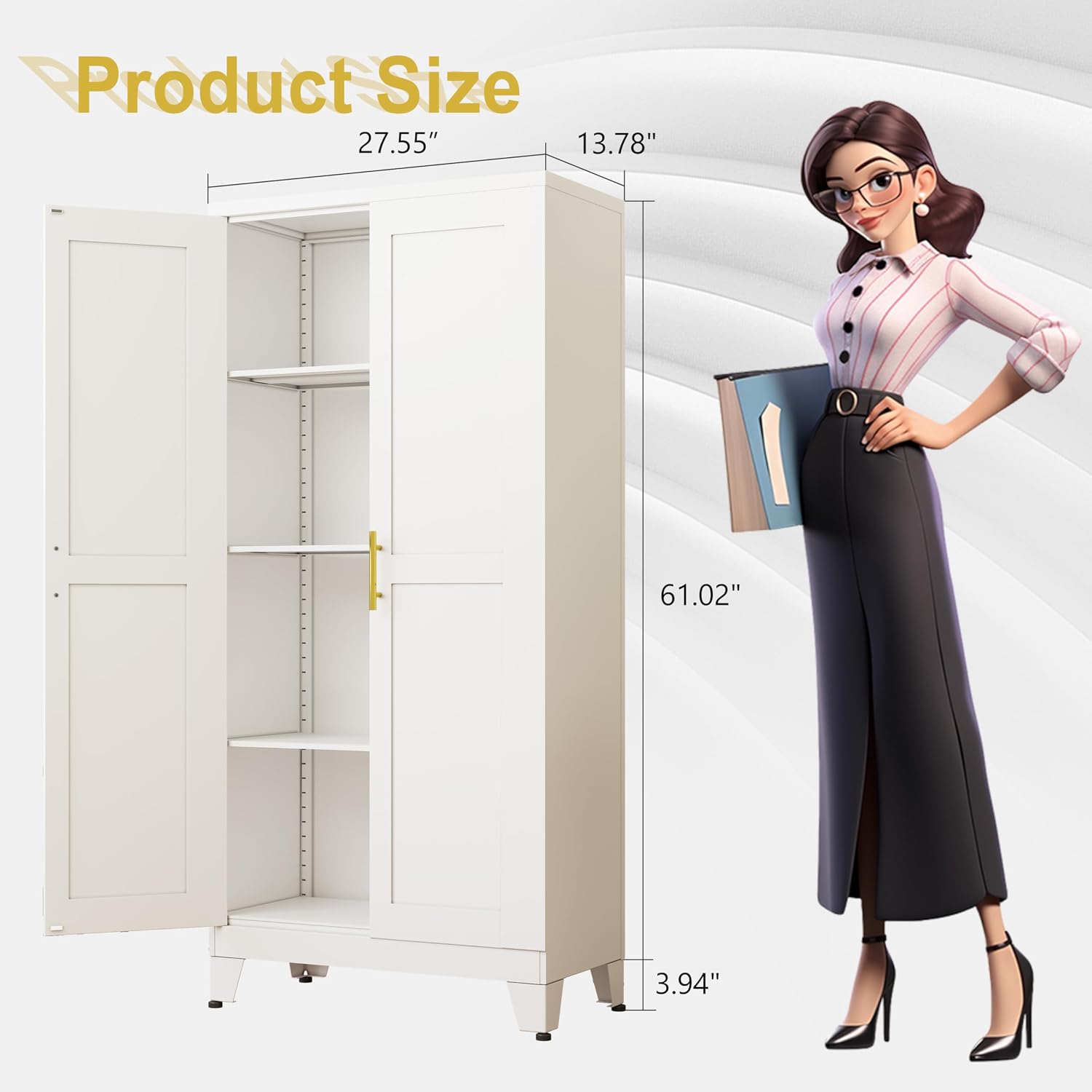 pozdeg Metal Storage Cabinet - 61' Tall Steel File Cabinets with 2 Doors and 3 Adjustable Shelves Versatile Storage Pantry Cabinet for Home Office Warehouse Garage or Outdoor (White)