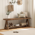 RowyPoey 51' Solid Wood Bench, Long Farmhouse Entryway Bench with Storage Shelf, Triangular Leg Design, Narrow Rustic Benches for Hallway, Bedroom, Dining, Kitchen