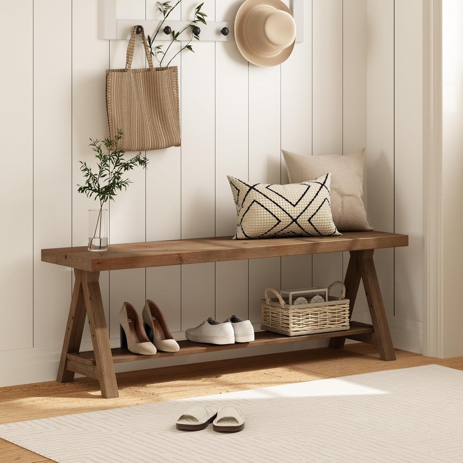 RowyPoey 51' Solid Wood Bench, Long Farmhouse Entryway Bench with Storage Shelf, Triangular Leg Design, Narrow Rustic Benches for Hallway, Bedroom, Dining, Kitchen