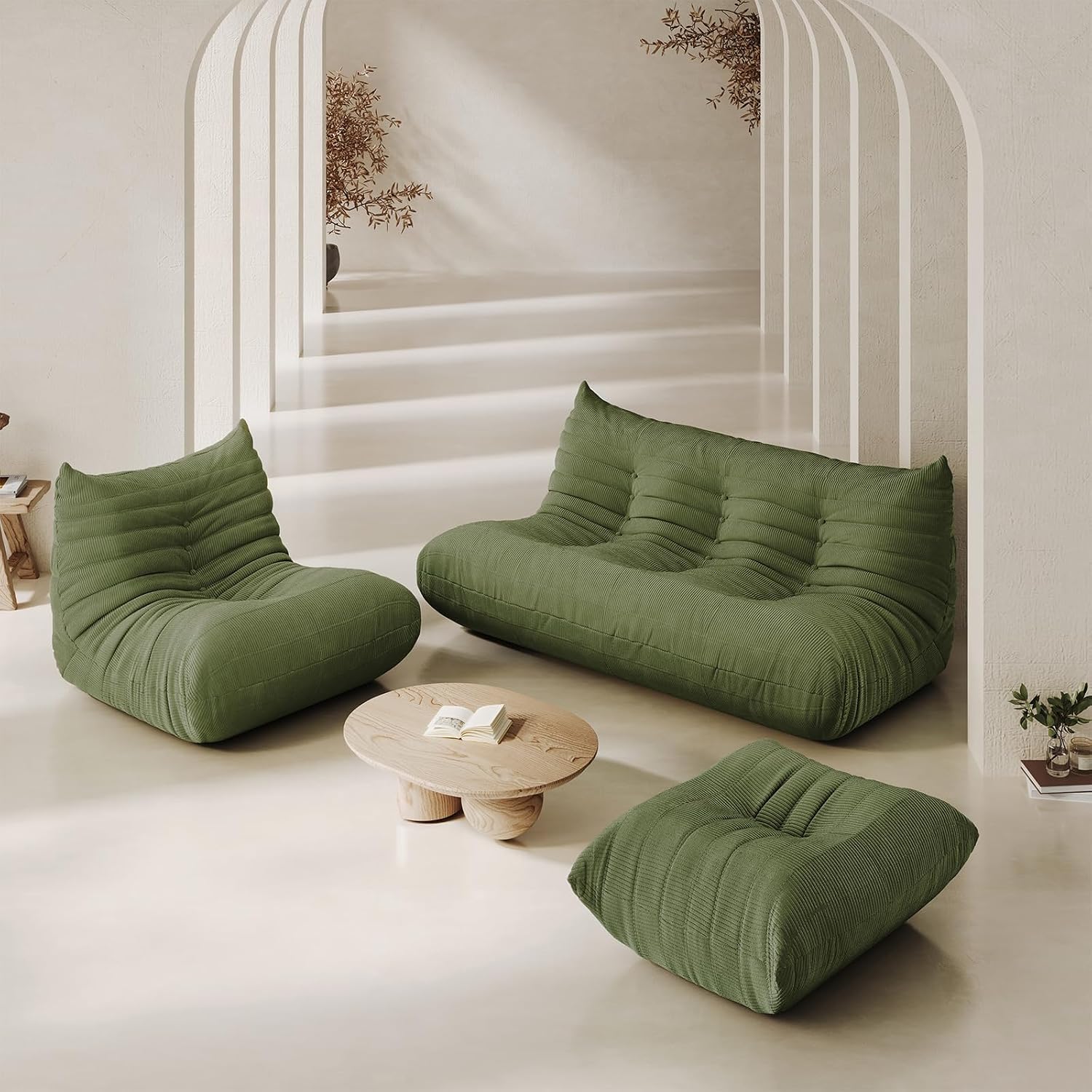 Bean Bag Chair for Adults Fireside Sofa Floor Lazy Couches with Ergonomic Corduroy Cozy Memory Foam Lounger Couch for Dorm, Apartment and Gaming Venue,Olive Green