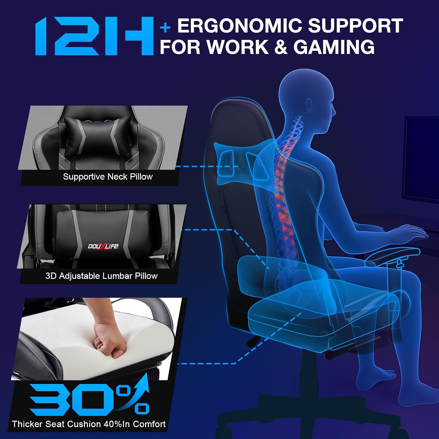 Douxlife 7-Point Massage Gaming Chair with Footrest, 400lbs Heavy Duty Ergonomic Computer Chair, 175° Reclining High Back Racing Seat for Adults with Adjustable Armrests & Lumbar Support, Grey