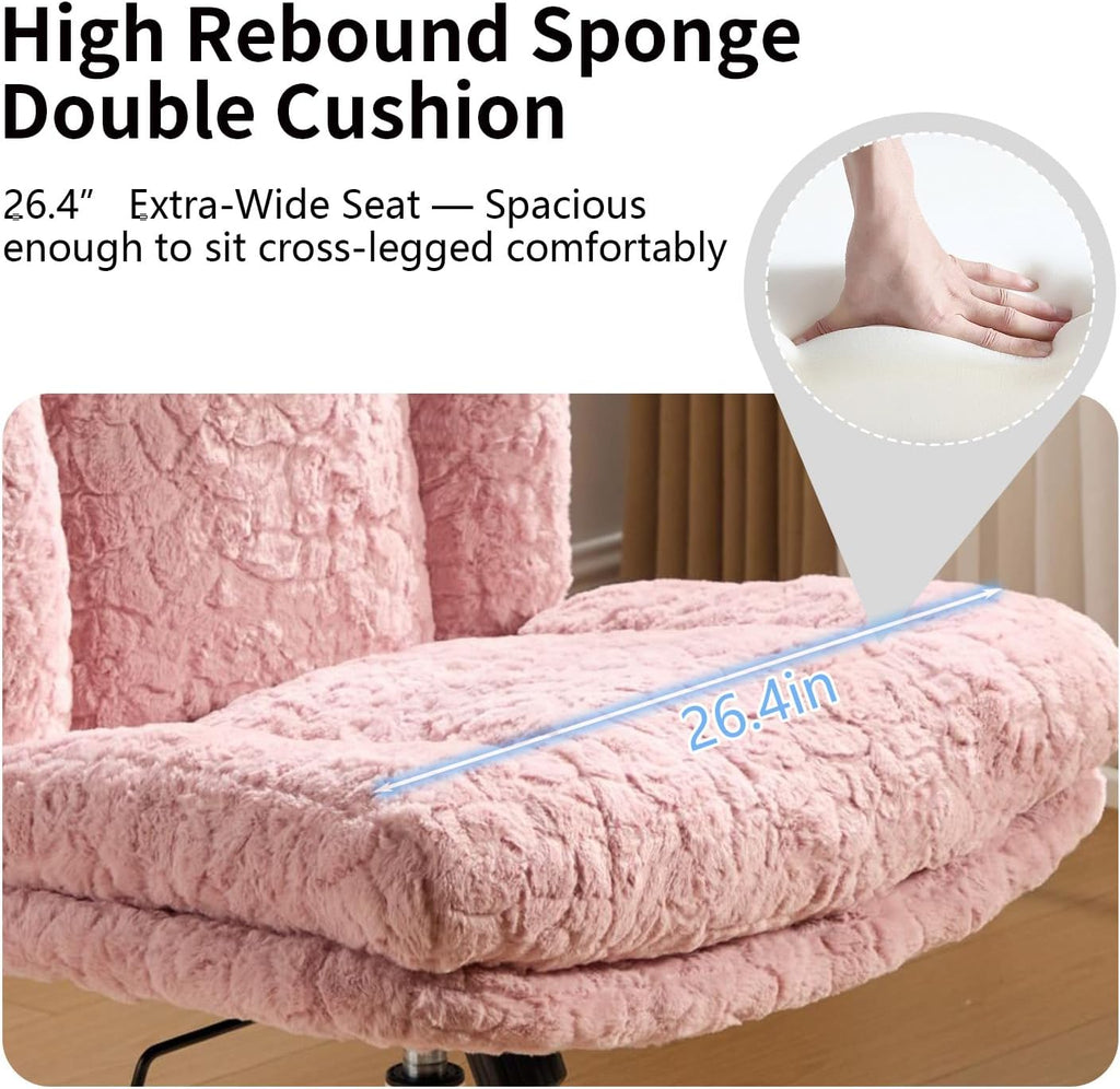 Shenyon Criss Cross Chair with Wheels, Wide Cross Legged Office Chair with 2 Layer Cushions & Back, Adjustable Swivel Home Office Chair, Comfy Faux Fur Makeup Vanity Chair for Girls Women, Pink