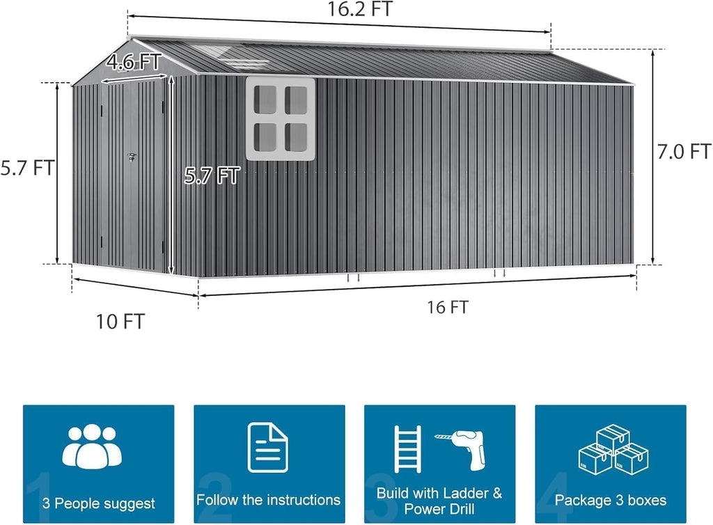 Restland 10x16 FT Storage Shed with Floor Base Reinforced Frame Metal Shed with Clear Roof, Air Vent & Lockable Door Large Garden Tool Storage Sheds for Backyard, Garden, Lawn