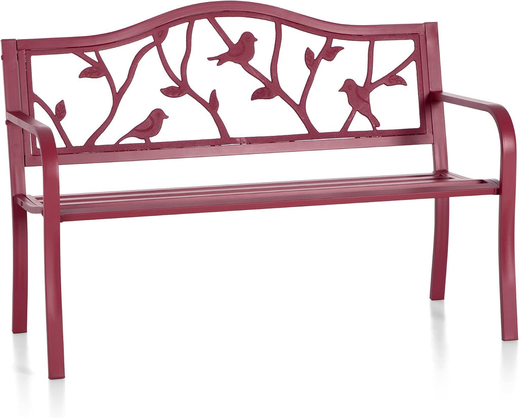 PHI VILLA Outdoor Patio 50' Metal Park Bench Red, Steel Frame Bench with Backrest and Armrests for Porch, Patio, Garden, Lawn, Balcony, Red Bird
