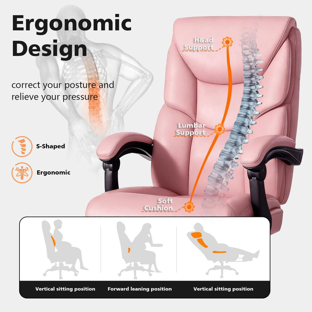 WAILOR 400lbs Office Chair with Foot Rest, Reclining Big and Tall Office Chair with Lumbar Support, High Back PU Leather Computer Chair,Comfy Desk Chair for Home Office (Pink)