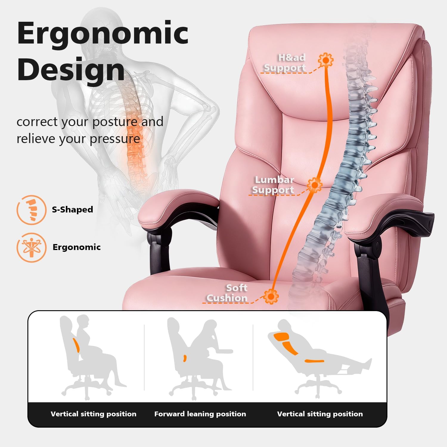 WAILOR 400lbs Office Chair with Foot Rest, Reclining Big and Tall Office Chair with Lumbar Support, High Back PU Leather Computer Chair,Comfy Desk Chair for Home Office (Pink)