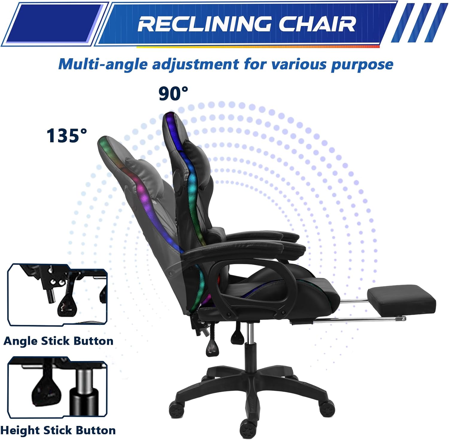RGB Gaming Chair with Massage and Footrest Large Ergonomic Computer Desk Chair Video Gaming Chair with Speakers and Lumbar Support Height & Angles Adjustable Reclining Gamer Chair,Pink