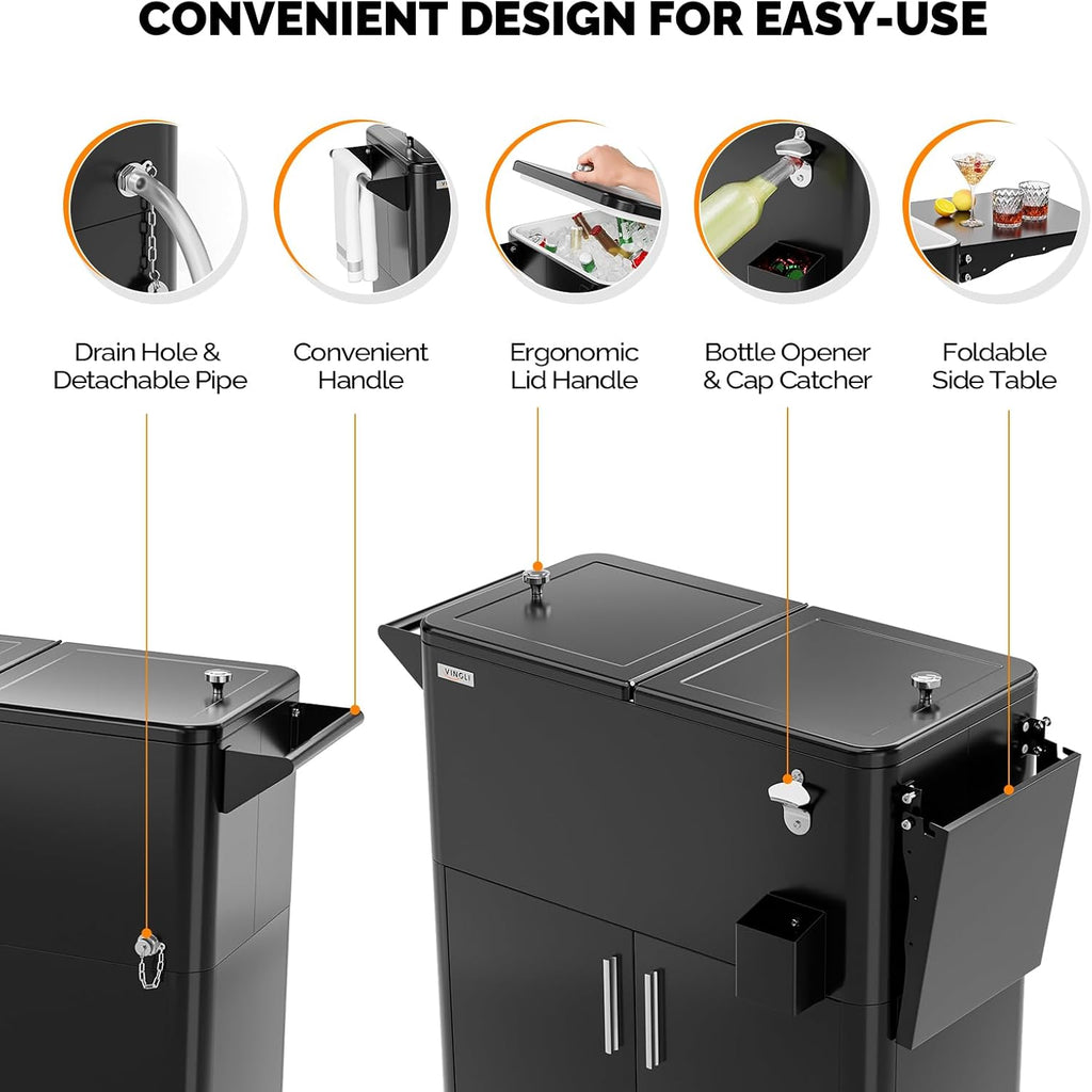 VINGLI Patio Cooler, Ice Chest with Storage Cabinet, Bottle Opener Drainage, Outdoor Cooler for Party, Deck, Pool