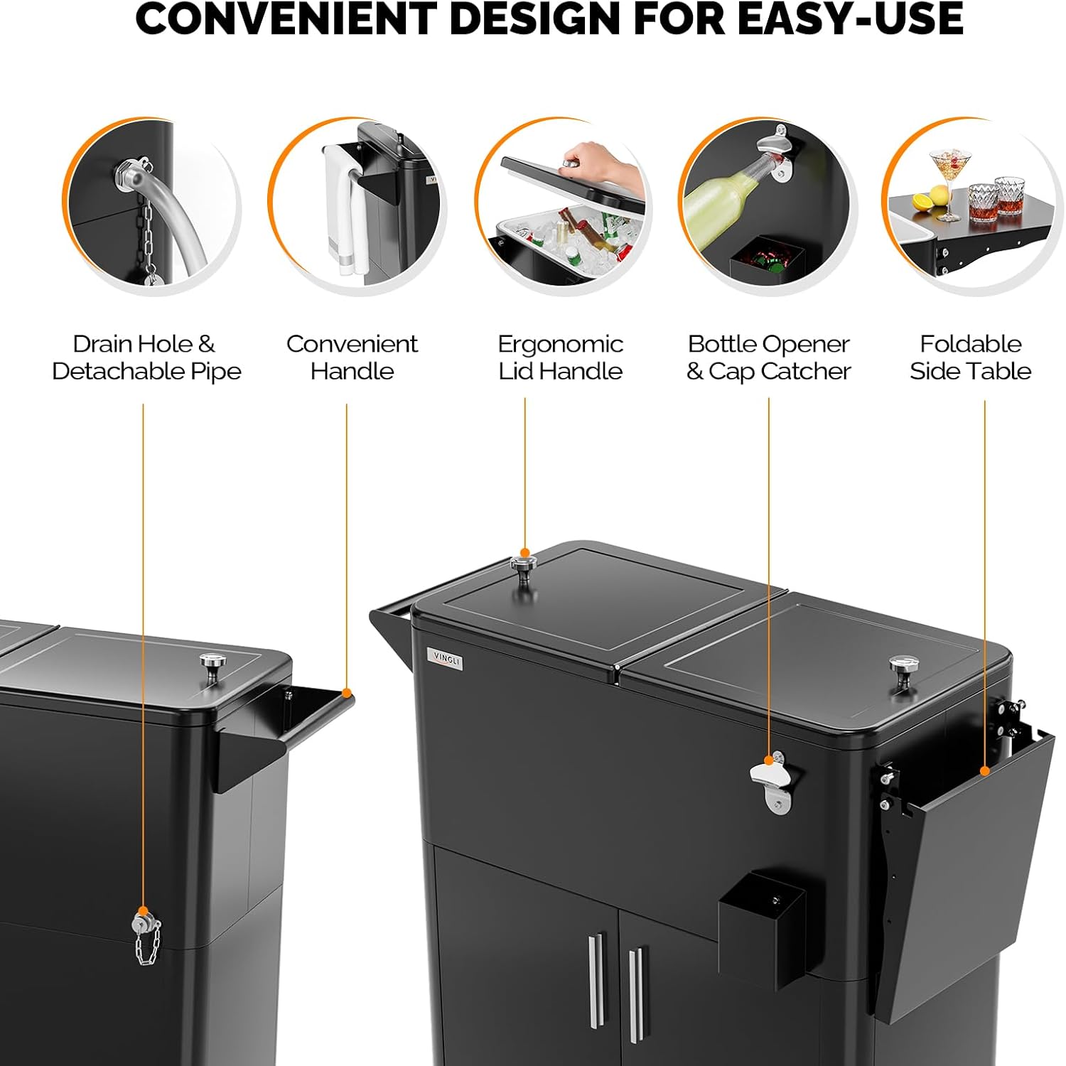 VINGLI Patio Cooler, Ice Chest with Storage Cabinet, Bottle Opener Drainage, Outdoor Cooler for Party, Deck, Pool