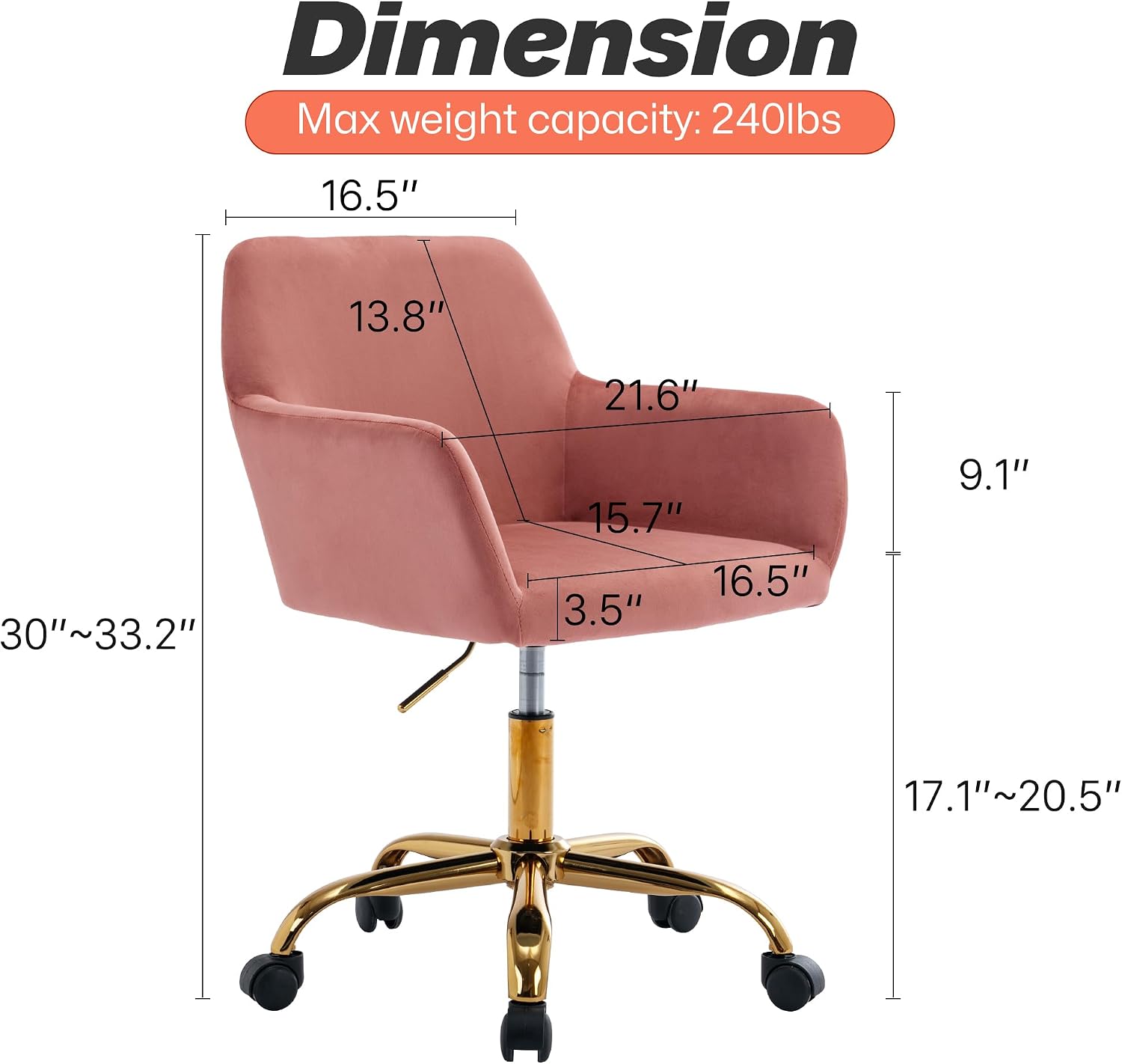 KCC Velvet Office Desk Chair, Comfy Swivel Modern Leisure Armchair with Wheels, Upholstered Comfy Velvet Fabric Makeup Chair Height Adjustable for Teens Women Girls Elegant Home Office, Rose