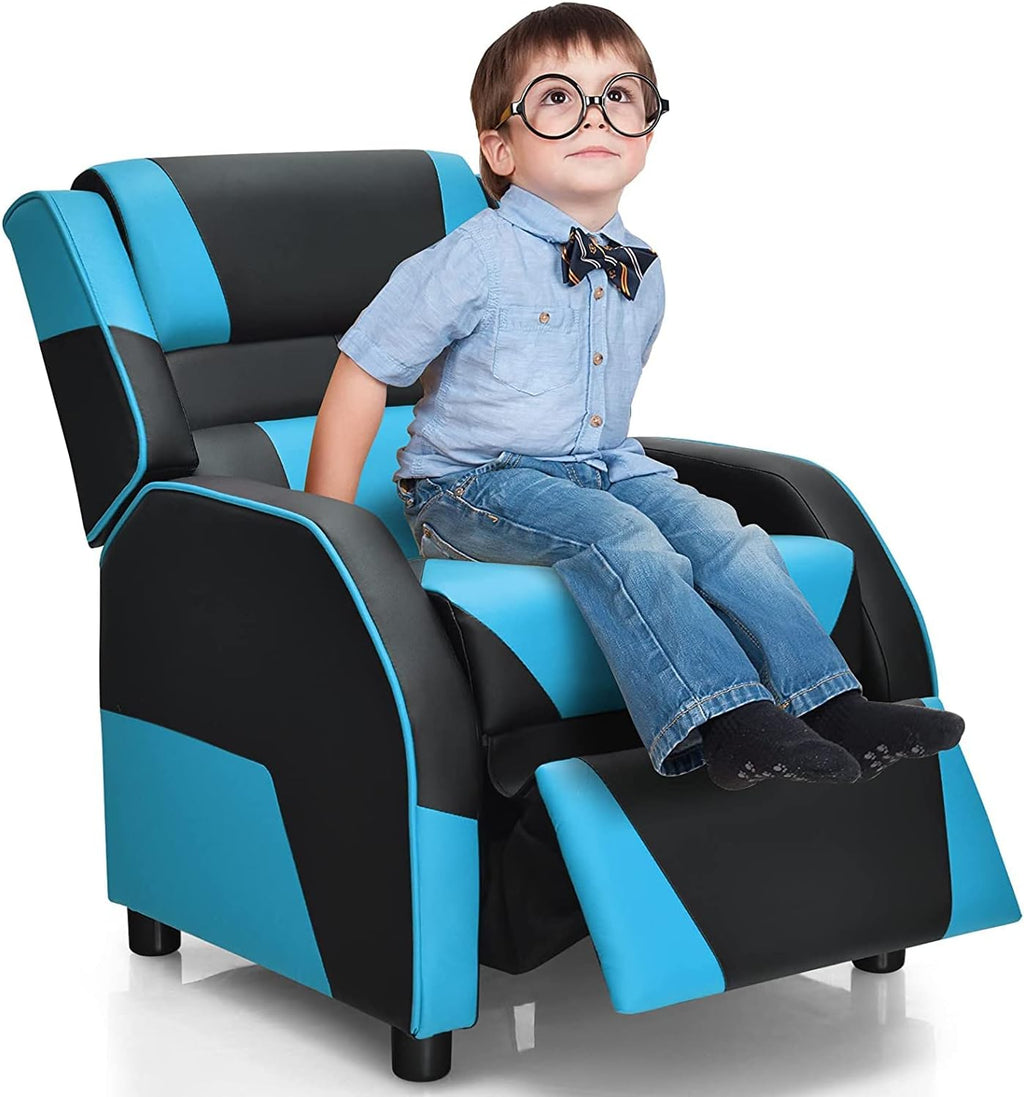 HONEY JOY Kids Recliner, Youth Game Reclining Chair w/Headrest & Back Pillow, Upholstered Leather Lounge Chair for Boys Girls, Manual Adjustable Toddler Single Sofa Chair for Living Room (Blue)