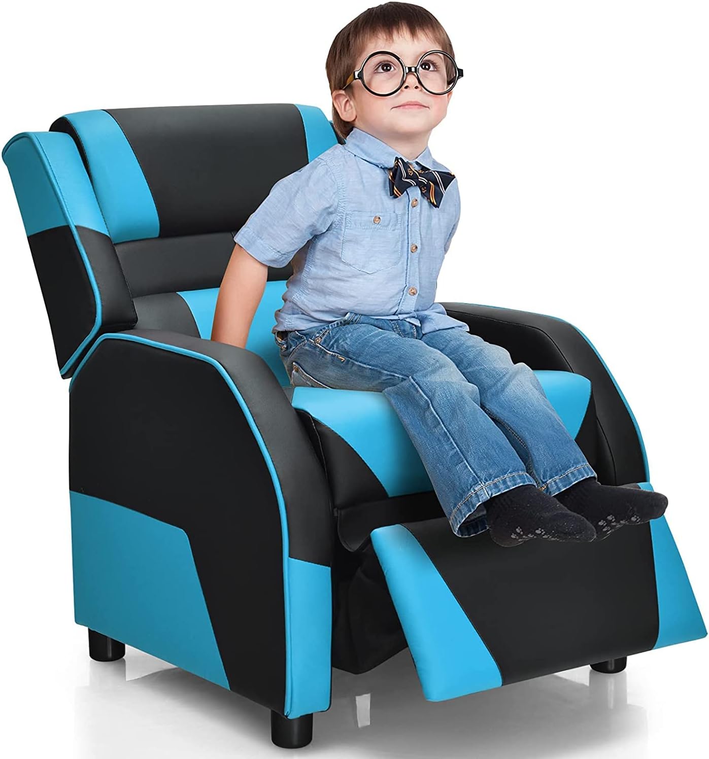 HONEY JOY Kids Recliner, Youth Game Reclining Chair w/Headrest & Back Pillow, Upholstered Leather Lounge Chair for Boys Girls, Manual Adjustable Toddler Single Sofa Chair for Living Room (Blue)