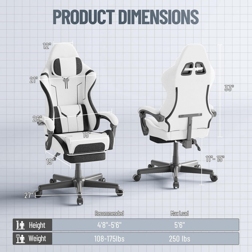 Soontrans White Gaming Chair, Fabric Ergonomic Computer Chair with Footrest and Linkage Armrest for Adult, High Back Office Game Chair with Massage Lumbar Support