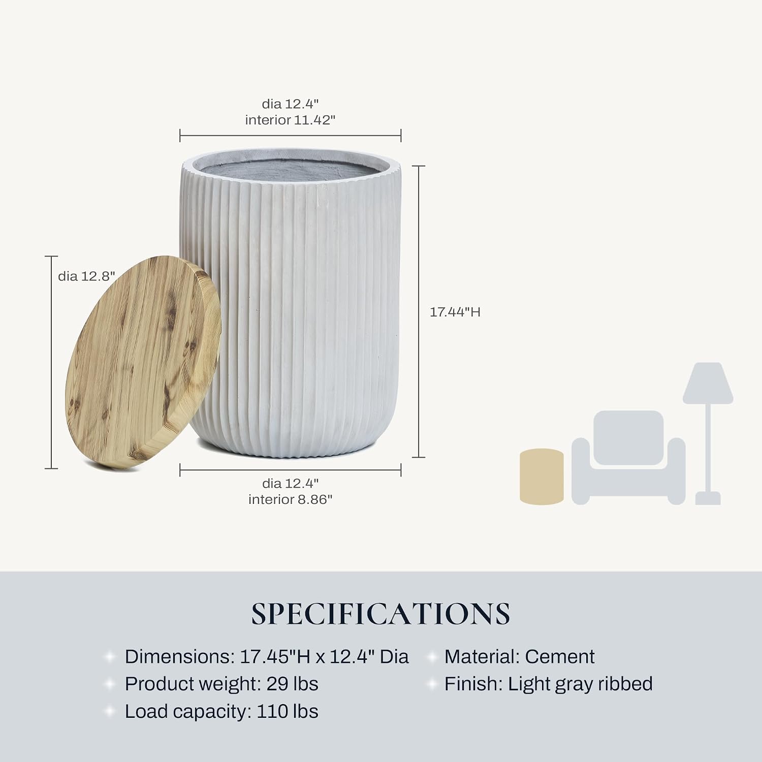 LuxenHome 18' Outdoor Side Table with Storage, Cement Patio End Table with Wood Finish Lid, Accent Table for Patio, Porch, Poolside, Backyard, Outside, Indoor, Garden Stool, Drum, Plant Stand