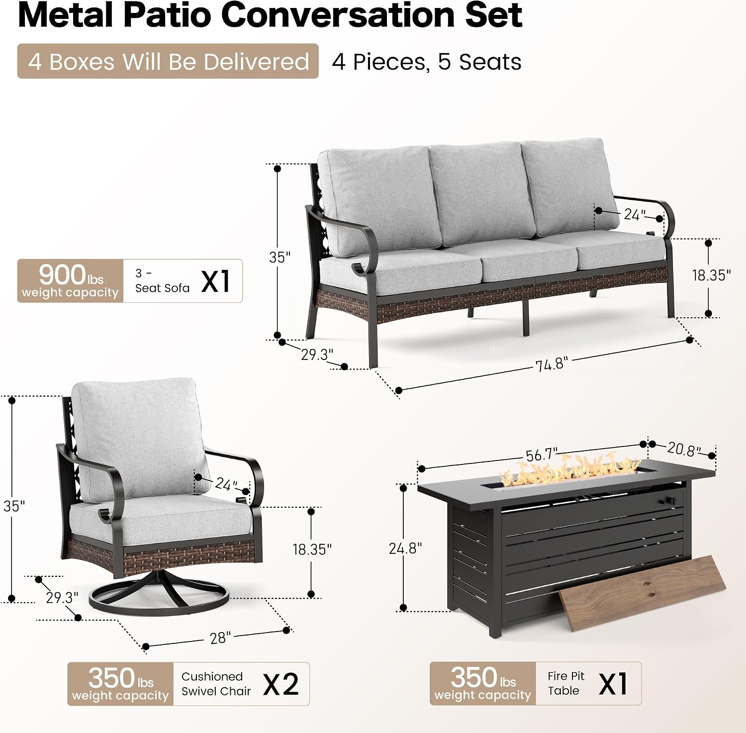 SUNSHINE VALLEY 4 Piece Black Metal Outdoor Patio Furniture Sets with Firepit Table, Patio Conversation Sets 1 3-Seater Sofa, 2 Swivel Sofa with 5.75' Cushion Backyard Furniture for Deck, Light Gray