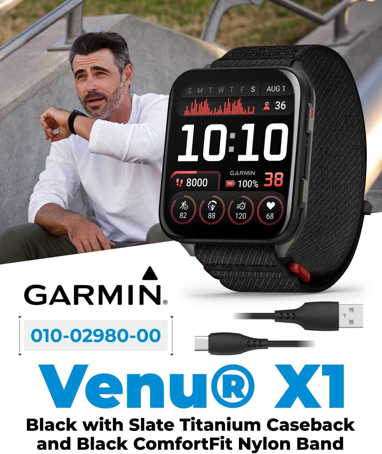 Garmin Venu X1 Thin and Lightweight GPS Smartwatch, AMOLED Display, Black with Slate Titanium Comfort Fit Nylon Band Black Earbuds Bundle