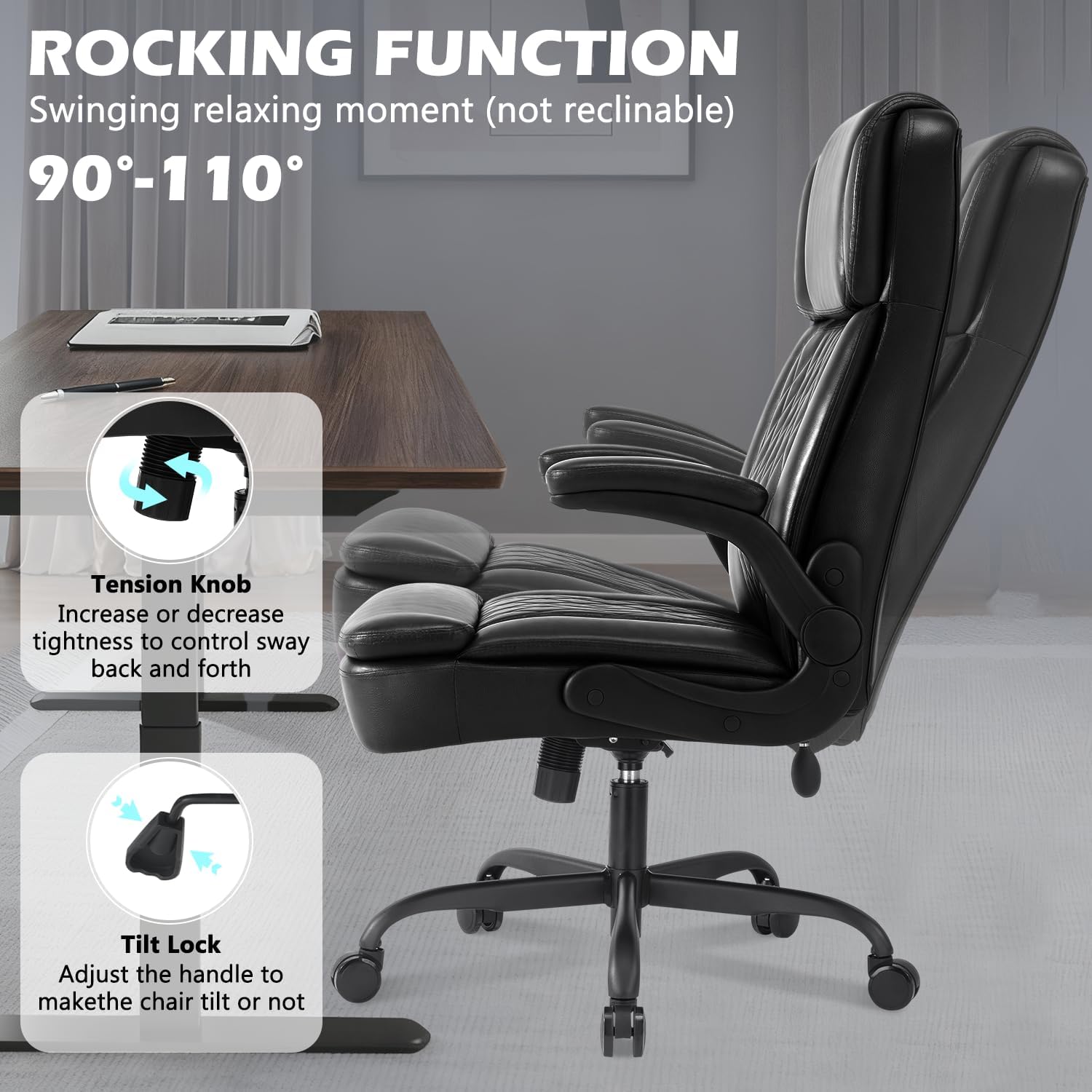450lbs Executive Office Chair for Heavy People, Ergonomic Big and Tall Desk Chair with Adjustable Lumbar Support&Flip Up Armrest,High Back PU Leather Comfy Swivel Computer Chair