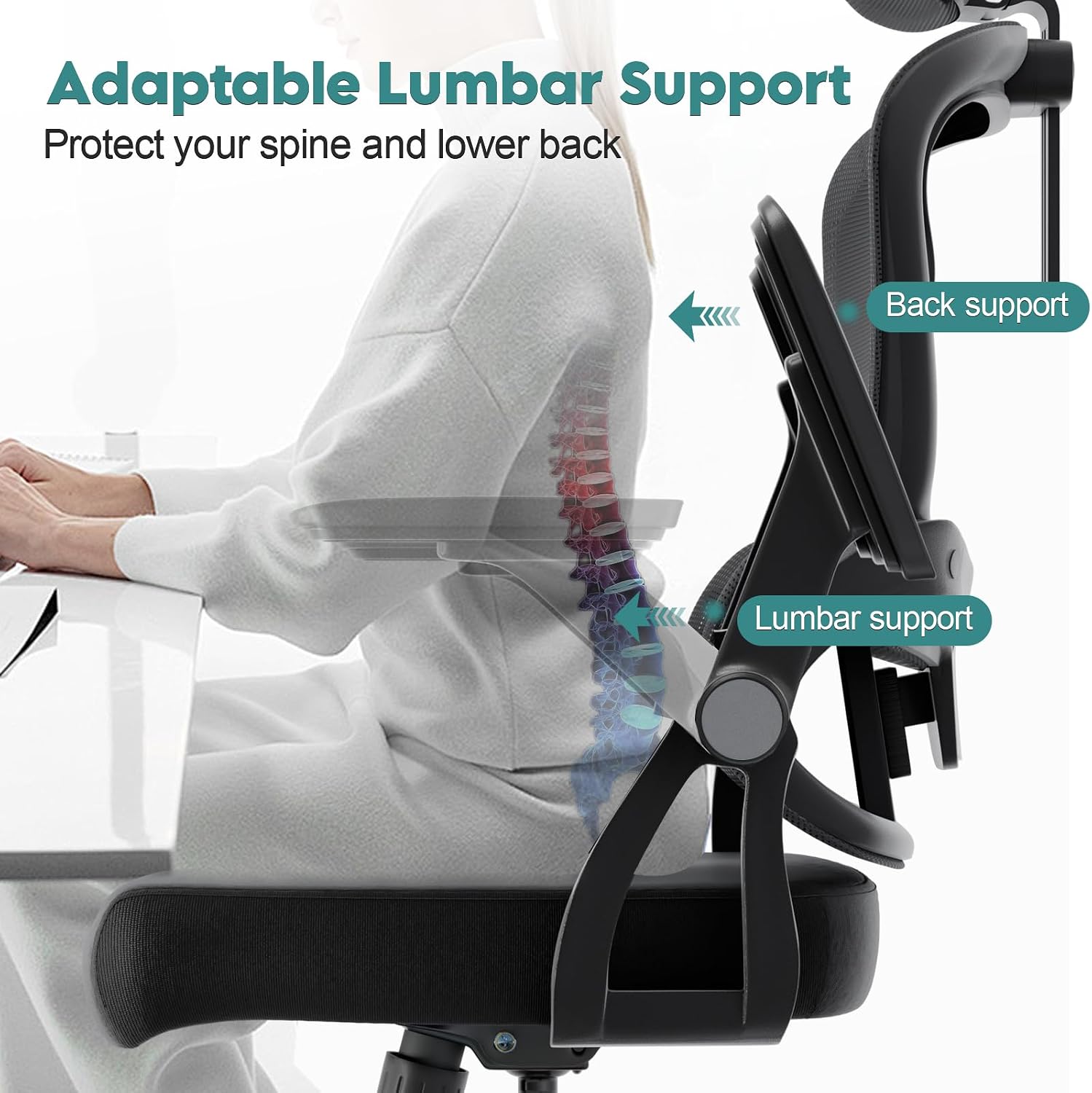 Monhey Ergonomic Office Desk Chair, 90°-125° Tilt Back Home Desk Chair with 360° Swivel & Mute Wheels, High Back Mesh Computer Chair for Adults with Lumbar Support, 330 LBS Capacity(05Black)