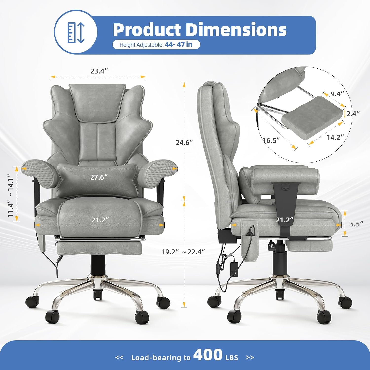 7-Point Massage Office Chair,Heated Manageral Chair,Ergonomic Executive Chair with Footrest,Adjustable Armrest，Computer Chair for Offices, Study Areas, Gaming Spaces,Gray