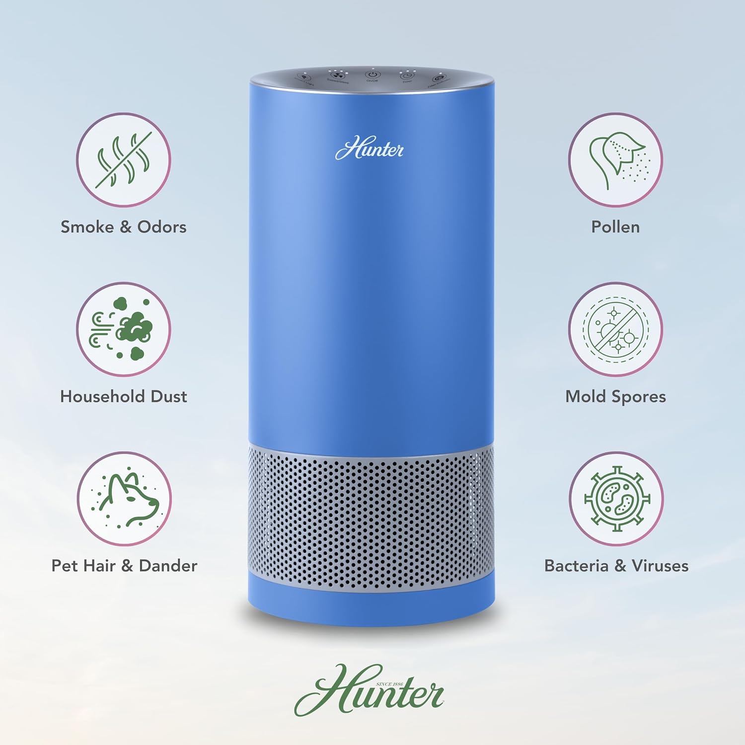 Hunter HP400 Round Air Purifiers for Home, True HEPA Air Purifier Tower for Pets, Odors, Allergens, Smoke, Dust, VOC's. HEPA Air Purifiers for Bedroom and Small Room, Denim & Silver