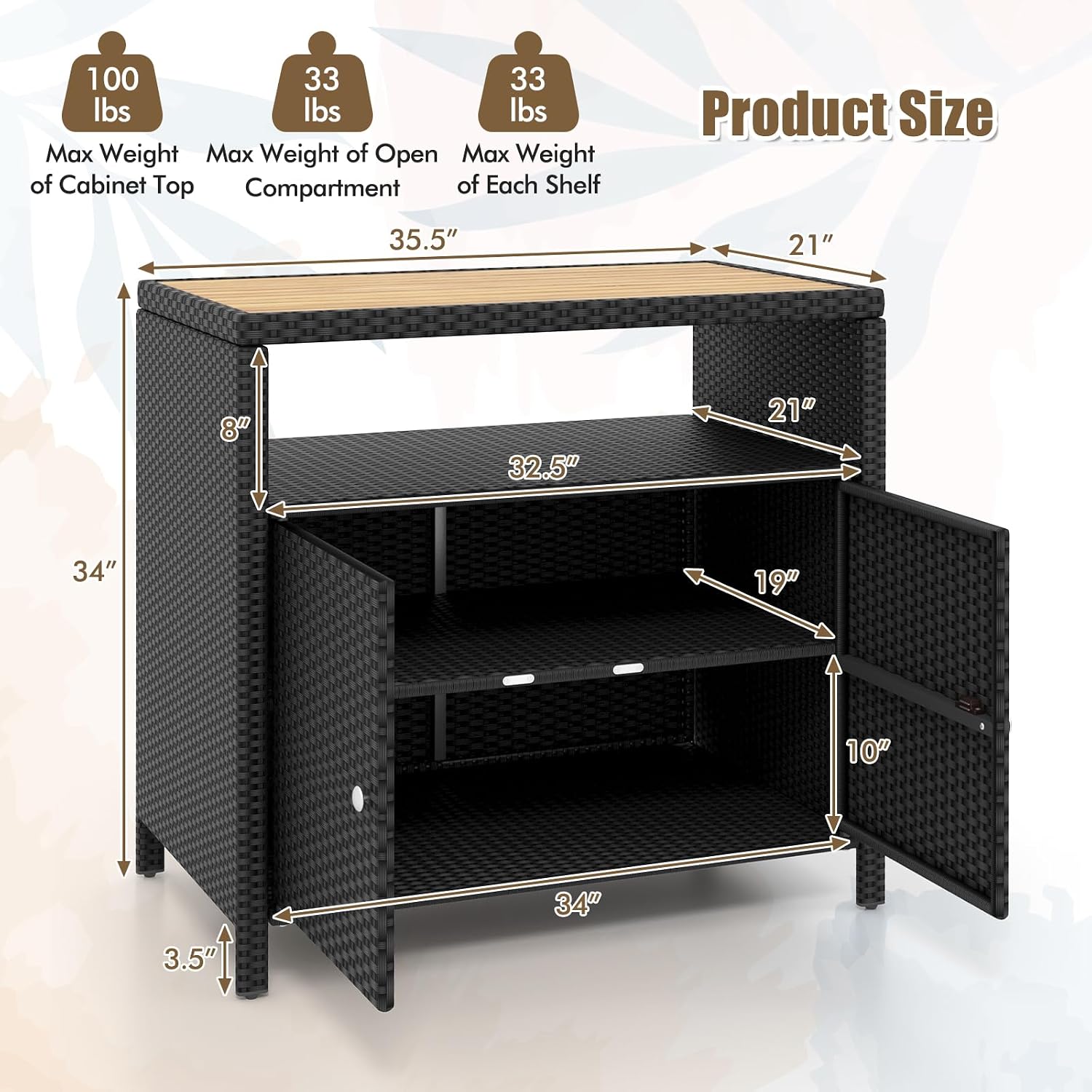 HAPPYGRILL Rattan Storage Cabinet, Patio Sideboard Buffet Cabinet with Acacia Wood Countertop, Open Shelf & 2 Door Cabinet, Wicker Storage Organizer for Garden Tools (Black)