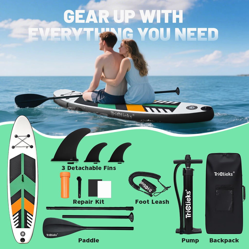Triclicks Inflatable Stand Up Paddle Board 10ft Surfing Board Kit for Adults, Premium SUP Complete Kit with Adjustable Paddle Hand Pump Fin Leash Backpack