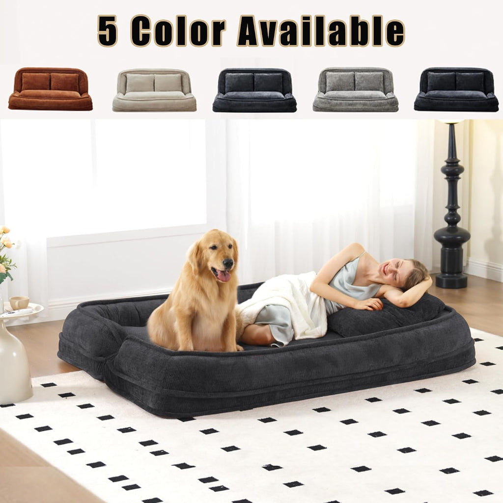 Floor Chair with Back Support, Human Dog Bed, Folding Loveseat with 5 Adjustable Position, 2 Pillows, Chenille Meditation Gaming Chair for Lazy Boys, Living Room, Lounge, Bedroom, Dark Grey