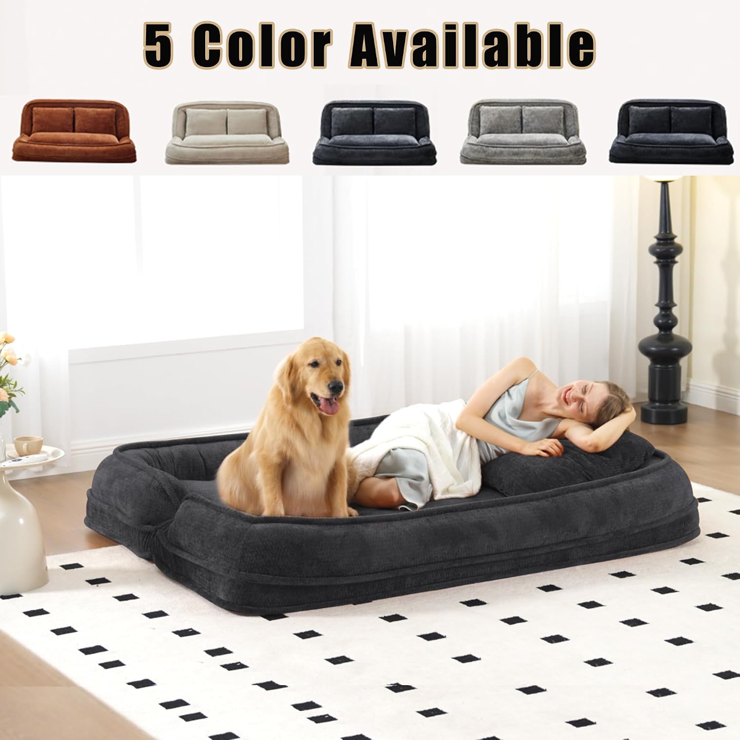 Floor Chair with Back Support, Human Dog Bed, Folding Loveseat with 5 Adjustable Position, 2 Pillows, Chenille Meditation Gaming Chair for Lazy Boys, Living Room, Lounge, Bedroom, Dark Grey