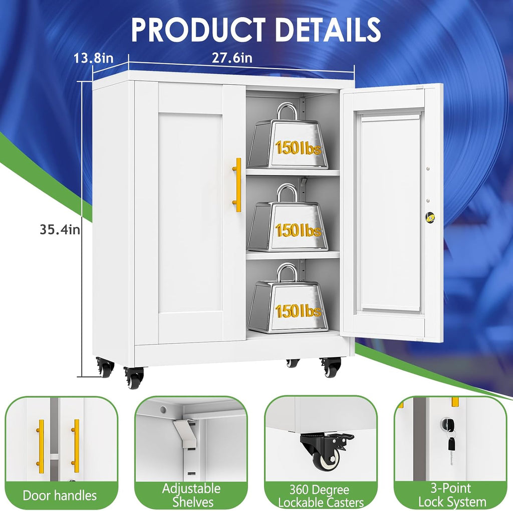 35.4' Metal Garage Storage Cabinet with Wheels and Locking Doors and Tall Rolling Steel Tool Cabinet with 2 Adjustable Shelves for Garage,Home,Office,Shop (White, 35.4''H x 27.6''W x13.8''D)