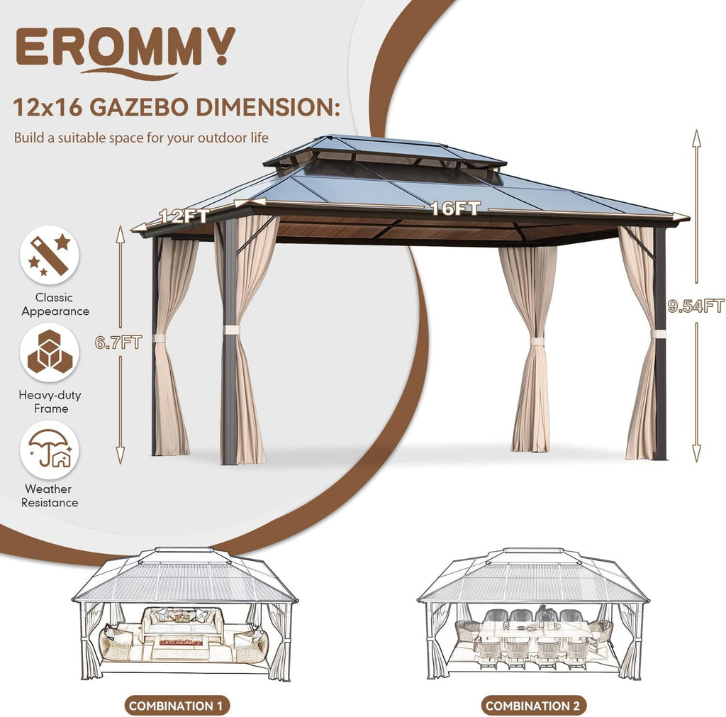 EROMMY 12'x16' Gazebo Polycarbonate Double Roof Pavilion Gazebo Outdoor Aluminum Frame Canopy with Netting and Curtains for Garden Patio Lawns Parties
