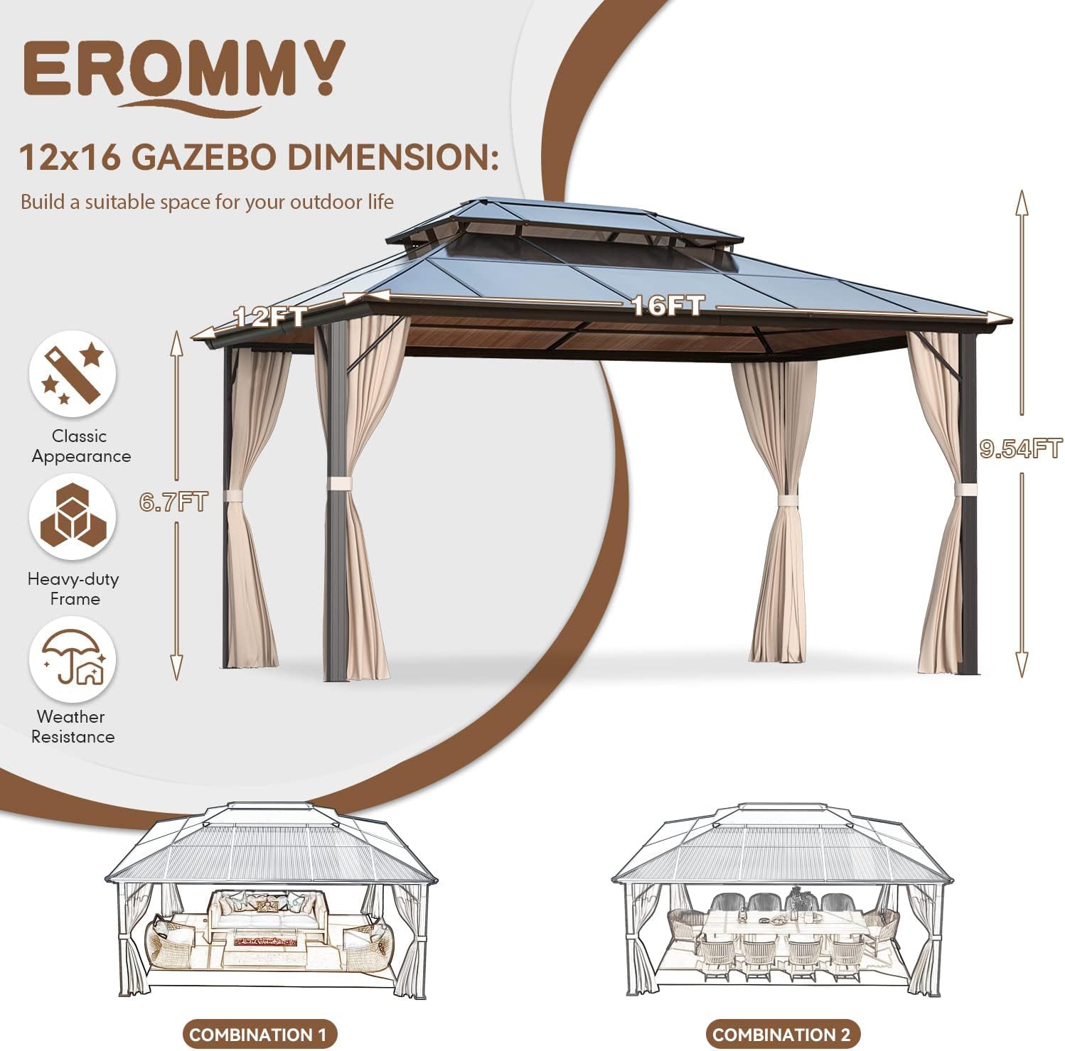 EROMMY 12'x16' Gazebo Polycarbonate Double Roof Pavilion Gazebo Outdoor Aluminum Frame Canopy with Netting and Curtains for Garden Patio Lawns Parties