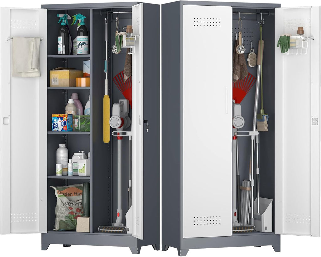 Broom Storage Cabinet, Metal Cabinet with Shelves and Hanging Rod, 72.8' Utility Cabinets with Locking Door, Tall Cleaning Storage for Kitchen, Pantry, Office, Shop, Garage