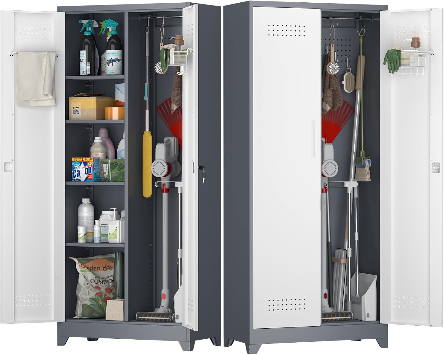 Broom Storage Cabinet, Metal Cabinet with Shelves and Hanging Rod, 72.8' Utility Cabinets with Locking Door, Tall Cleaning Storage for Kitchen, Pantry, Office, Shop, Garage