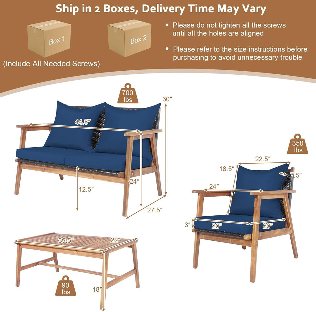 Tangkula 8-Piece Patio Furniture Set, Outdoor Acacia Wood Conversation Set with Cushions and Coffee Table, Outdoor PE Wicker Sectional Sofa Set for Garden, Poolside and Backyard (2, Navy)