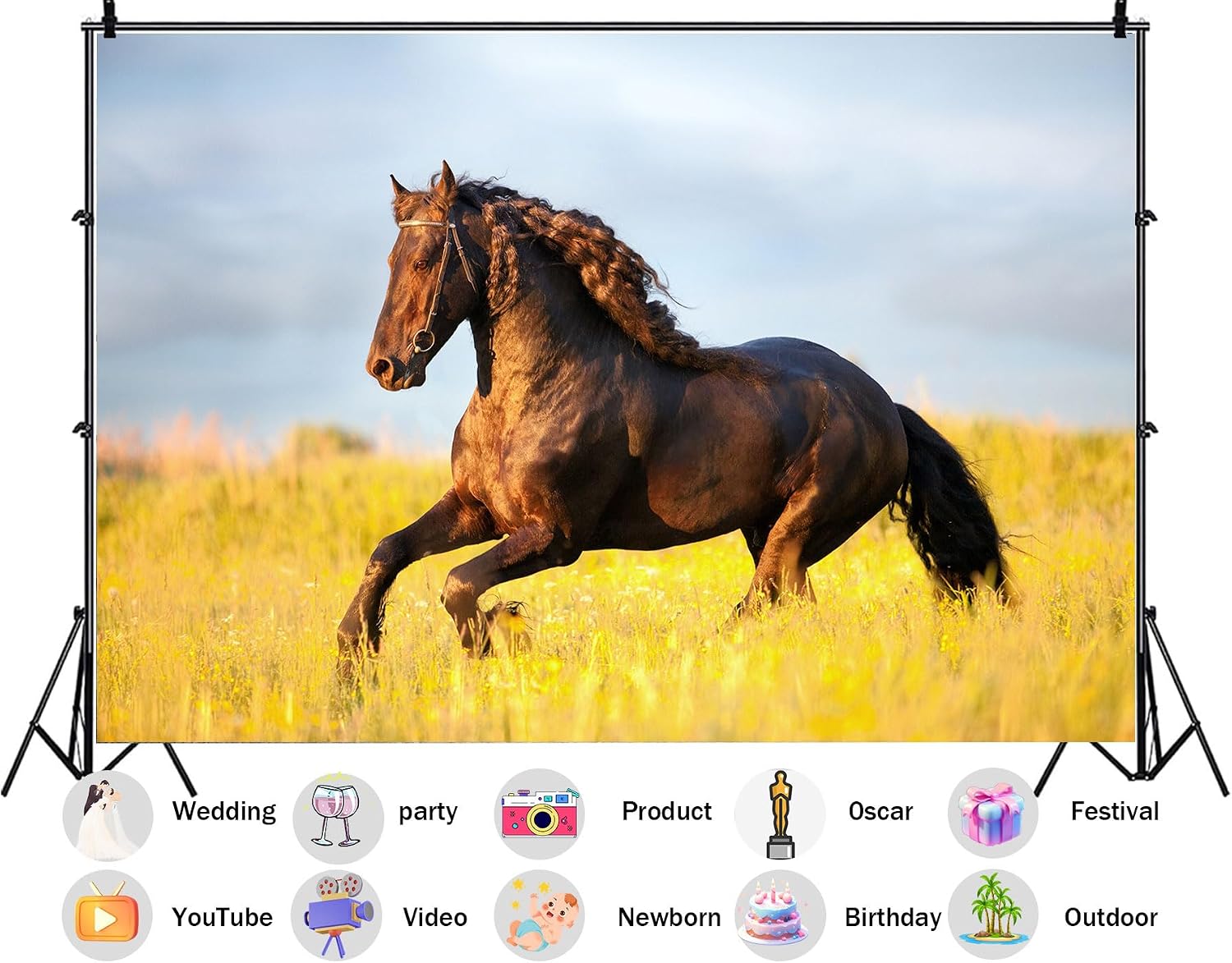 20X10ft Fabric Dark Brown Horse Galloping Yellow Flower Meadow Backdrop Nature Animal Background for Party Decorations Wall Hanging Photo Studio Props