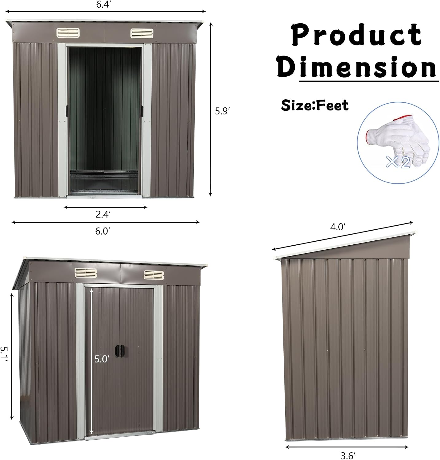 KEIKI 6x4 FT Outdoor Metal Storage Shed with Sloped Roof,Vents and Lockable Door for Garden Yard Lawn