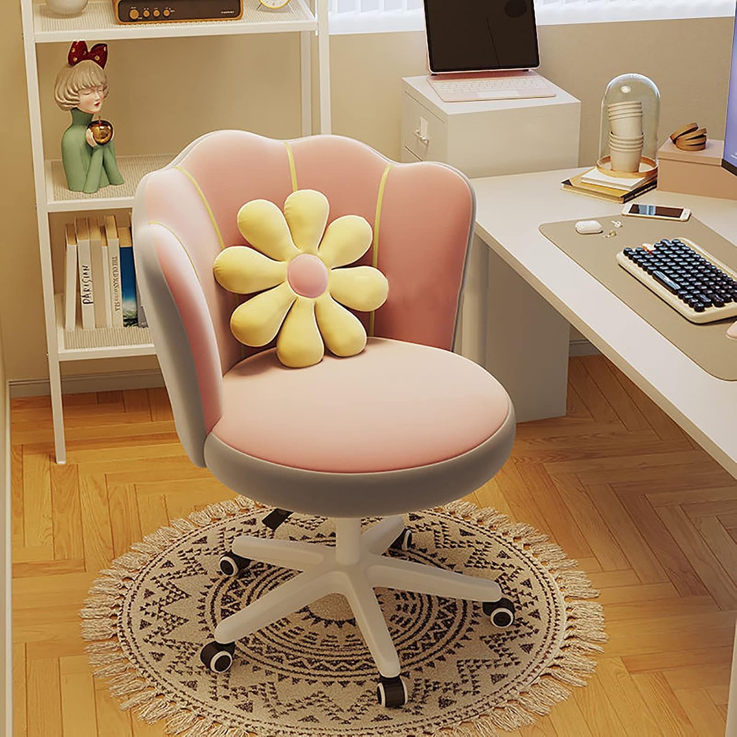 Office Chair Gaming Chair Computer Chair Vanity Chair for Makeup Room Bedroom,Modern Office Desk Chairs Computer Chair Cute Girls Flower Chair with Wheels,Velvet Swivel Chair Adjustable Chai