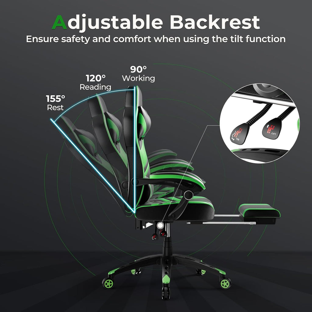 POWERSTONE Gaming Chair Video Game Chair with Footrest and Lumbar Support Racing Style PU Leather Computer Chair Ergonomic Adjustable Swivel Task Chair Green