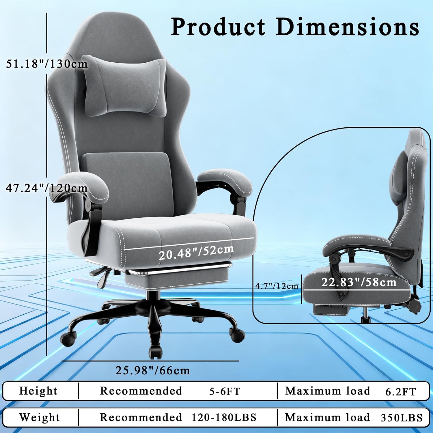 Massage Gaming Chair, Ergonomic Video Game Chair with Lumbar Support and Footrest, Height Adjustable Fabric Computer Chair with Pocket Spring Cushion (Gray)