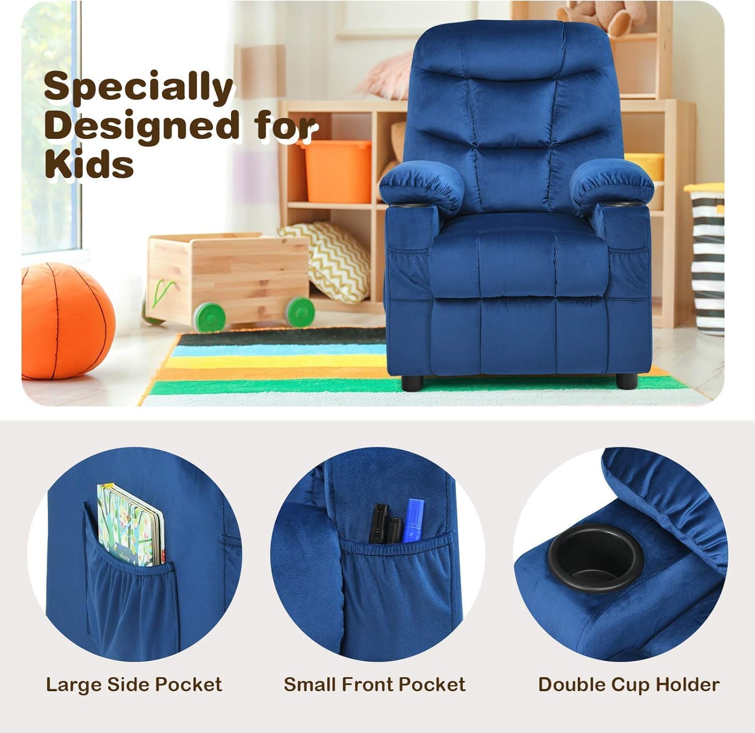 HOMGX Children's Recliner Chair, Velvet Material, Leisure Lounge Chair w/Side Pockets and Footrests, Ergonomically Adjustable Sofa Furniture, Suitable for Living Room (Blue)