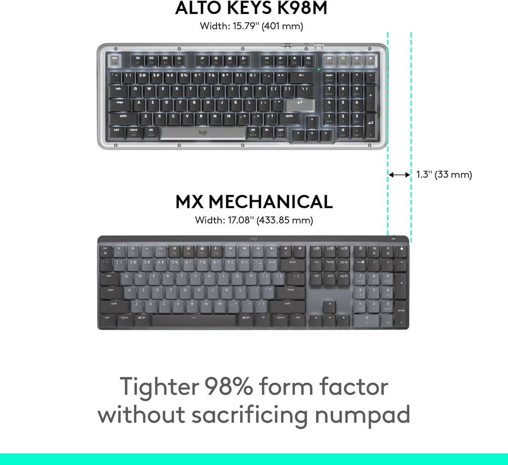 Logitech Alto Keys K98M Wireless Mechanical Clicky Keyboard, Customizable Keyboard with Vibration Absorbing Gasket, Backlit Keys, Bluetooth, USB-C Charging, for PC, Mac, Laptops - Graphite