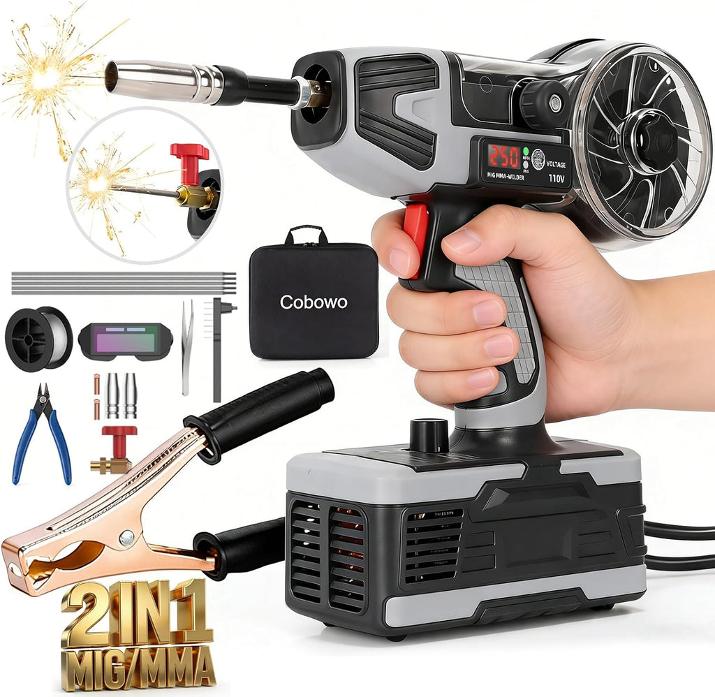 2 in 1 MIG and Stick Welder：250A MIG & MMA Welder 110V Flux Core IGBT Inverter Handheld Gasless Wire Feed Welder for Flux .032'/.040',Inverter ARC Welder Gun for 3/32'-1/8' Rod
