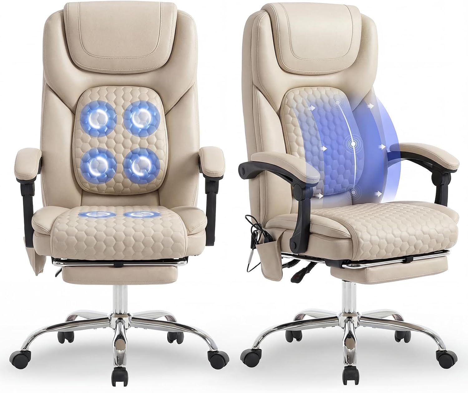 MALOL Massage Office Chair Set of 2 with Heat and Footrest - 3-Level 65°C Targeted Heating, 20-Min Assembly Leather Desk Chair, Big and Tall Executive Computer Chair with Side Pocket, 300 lbs, Beige