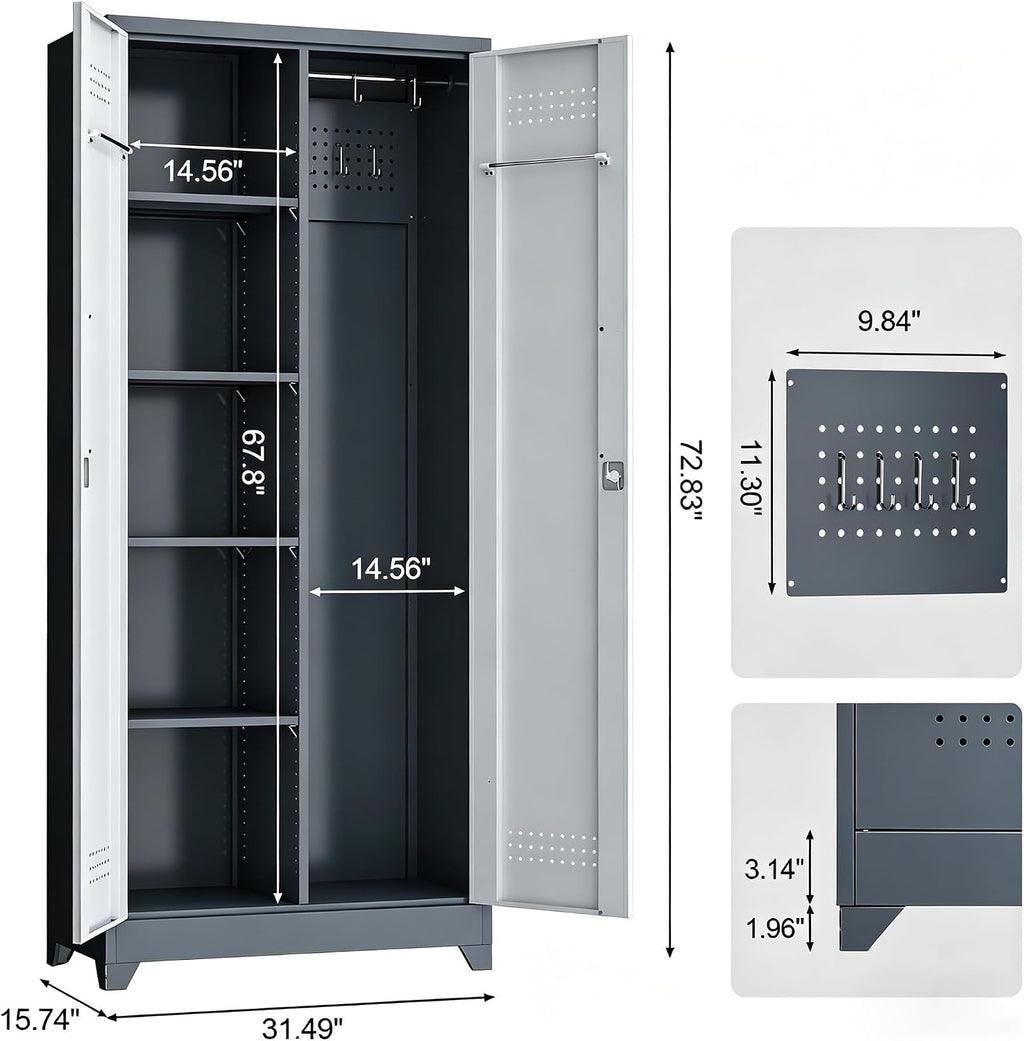 Metal Storage Cabinet 72' Tall, Garage Storage Cabinet with Lockable Doors & Shelves, Utility Broom Closet, Steel Tool Cabinet for Garage, Laundry Room, Home Office, Grey/White