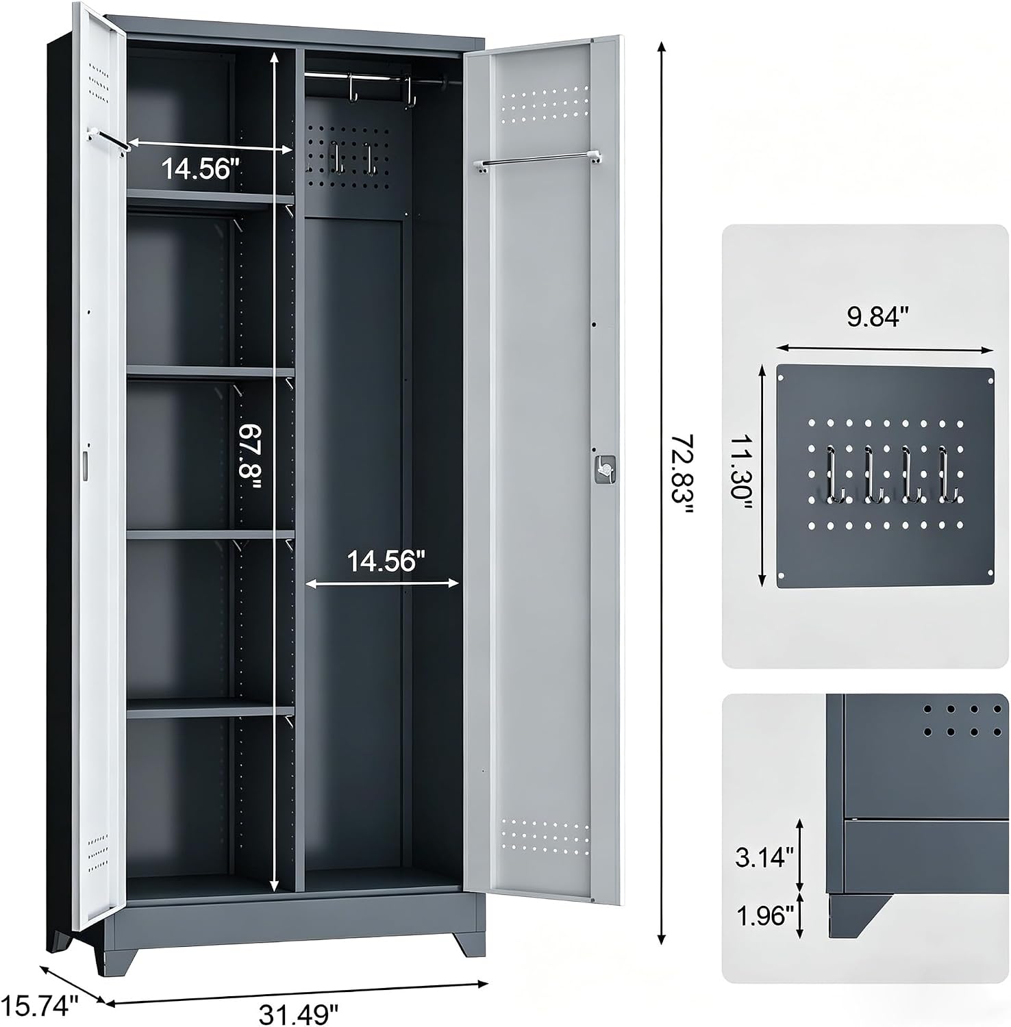 Metal Storage Cabinet 72' Tall, Garage Storage Cabinet with Lockable Doors & Shelves, Utility Broom Closet, Steel Tool Cabinet for Garage, Laundry Room, Home Office, Grey/White